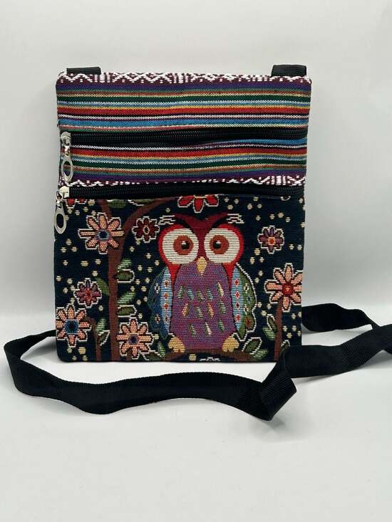 Unbranded Handbags - Bohemian Owl Canvas Crossbody Bag with Embroidered Detail and Adjustable Strap